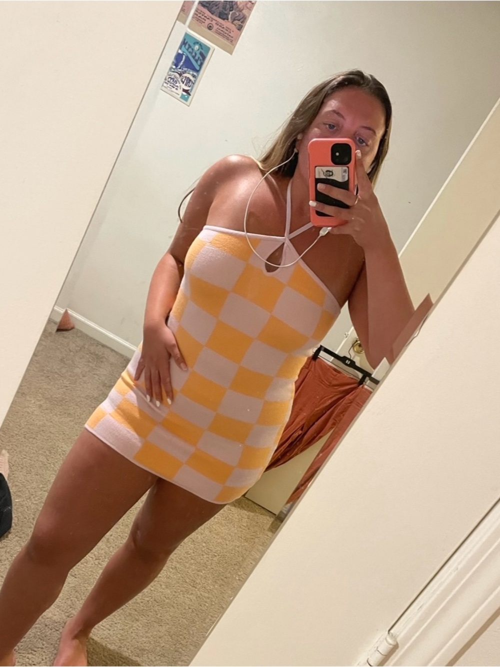 Checkerboard Halter Mini Dress - Orange & Pink